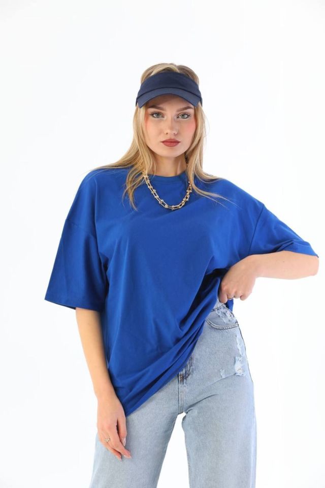 Pamuklu Unisex Oversize Basic T-shirt MAVİ - L