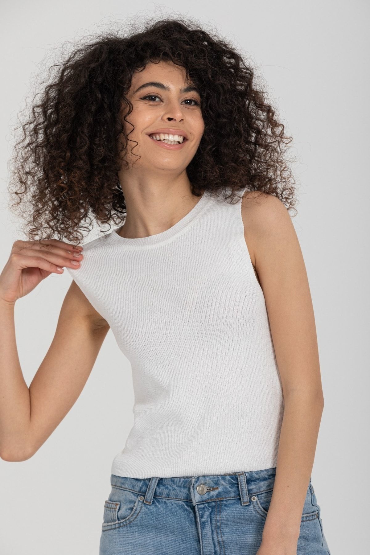 Çizgili Crop Kadın Triko DESENSİZ BEYAZ