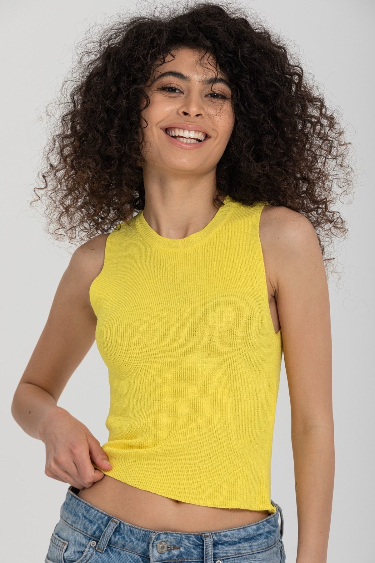 Çizgili Crop Kadın Triko SARI