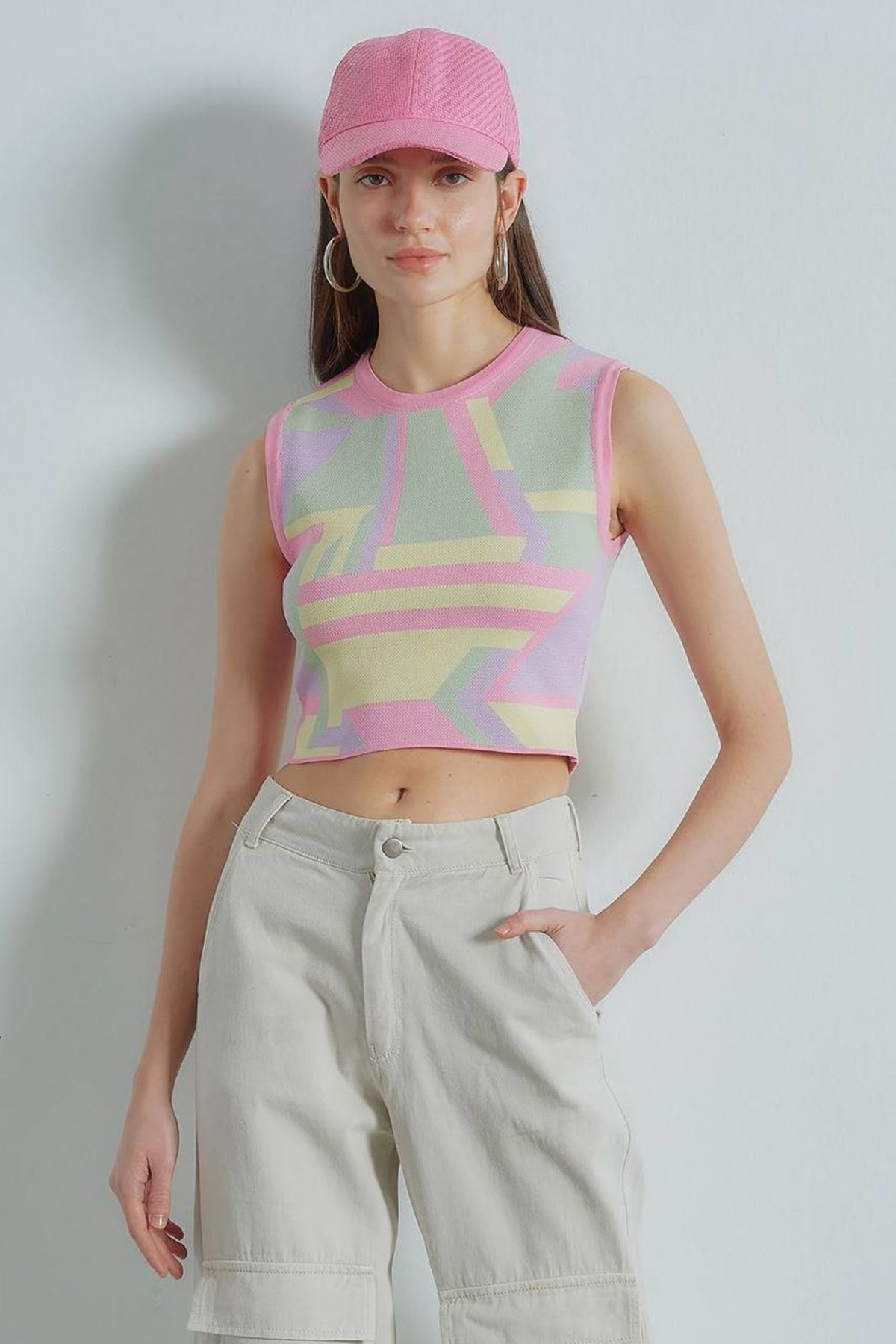Çizgili Crop Kadın Triko RENKLİ