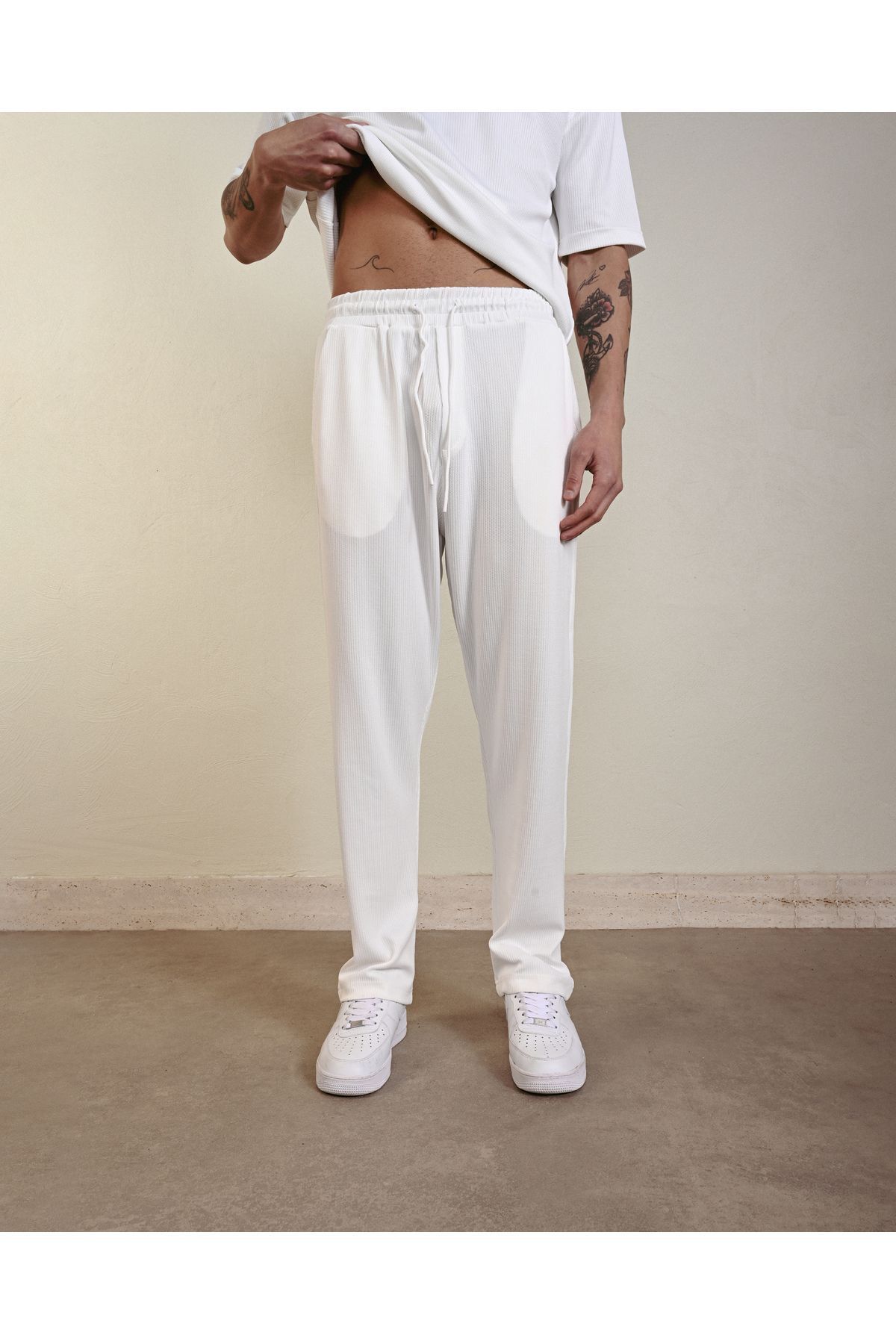 Unisex Örme Baggy Bol Eşofman Tarz Pantolon BEYAZ - XL