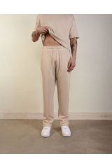 Unisex Örme Baggy Bol Eşofman Tarz Pantolon KREM - S