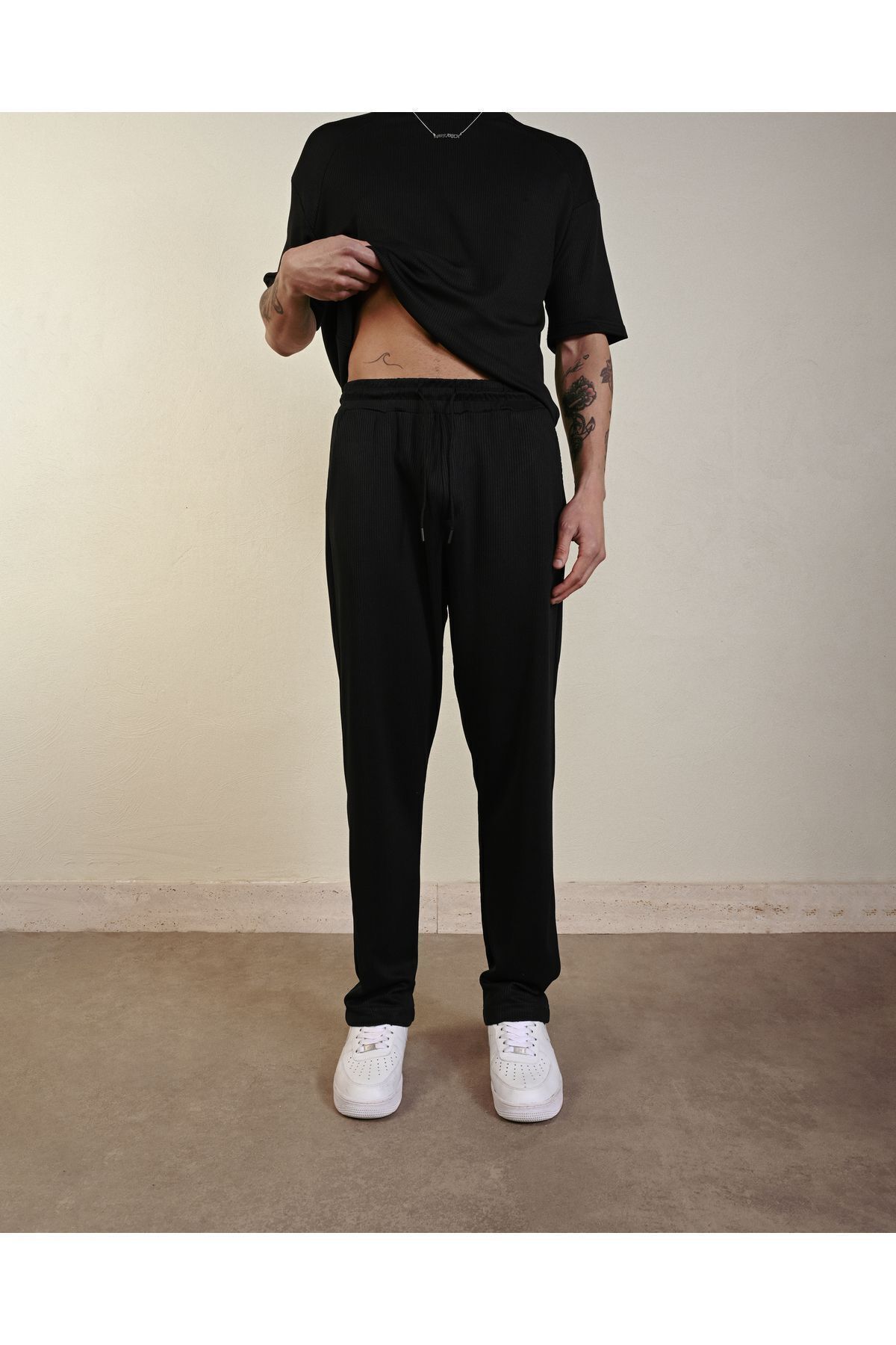 Unisex Örme Baggy Bol Eşofman Tarz Pantolon SİYAH - S