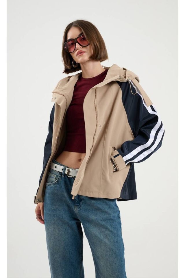 Şeritli Parka Oversize Kadın Yağmurluk