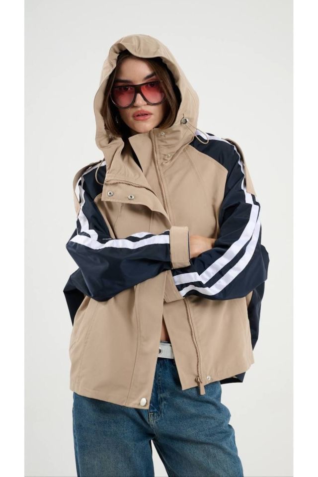 Şeritli Parka Oversize Kadın Yağmurluk
