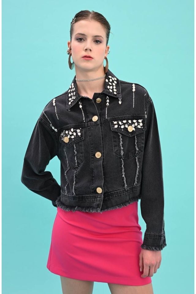 Taş İşlemeli Denim Kot Ceket