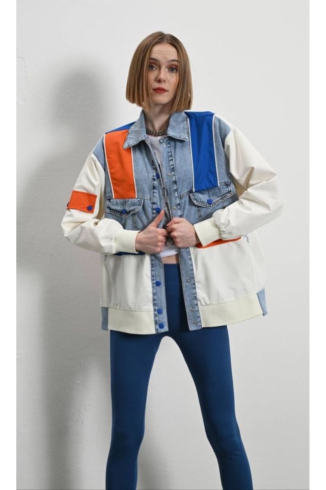 Mix Renkli Biyeli Kadın Oversize Ceket