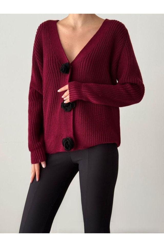 Düğme Detay Oversize Bordo Kadın Hırka