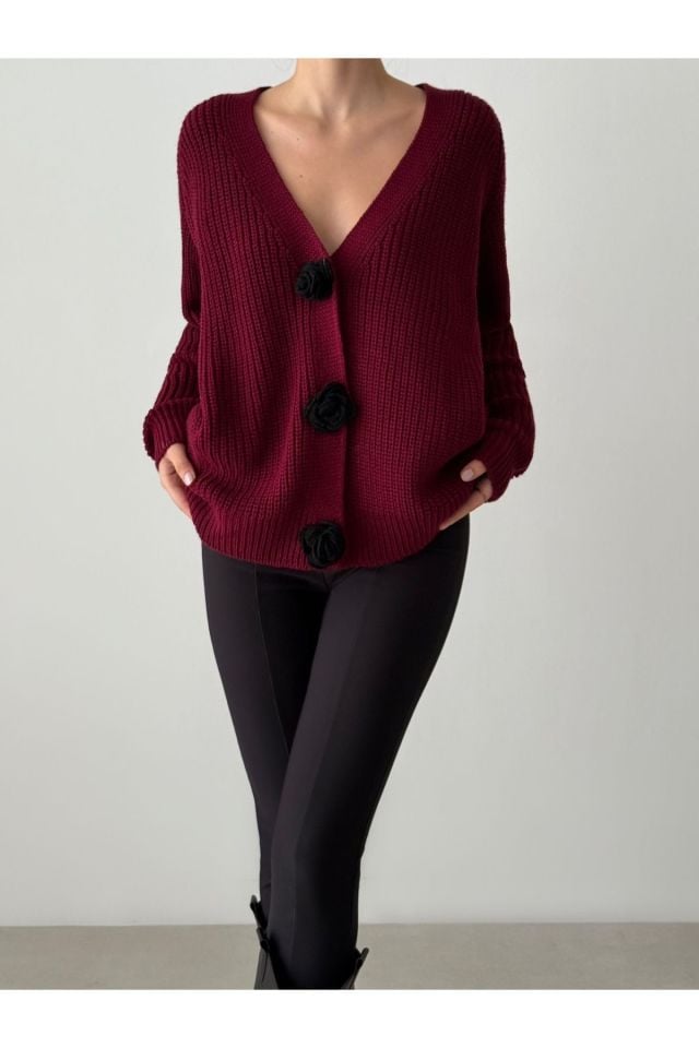 Düğme Detay Oversize Bordo Kadın Hırka