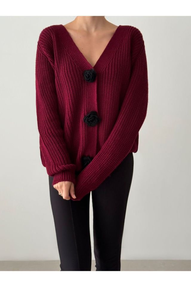 Düğme Detay Oversize Bordo Kadın Hırka