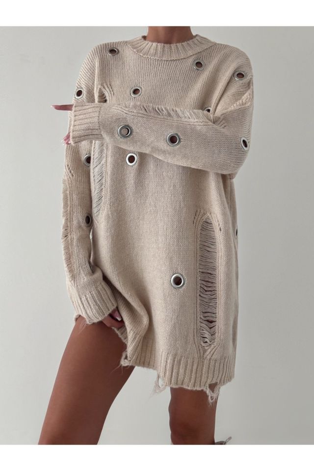 Oversize Delik Detay Tunik Kazak