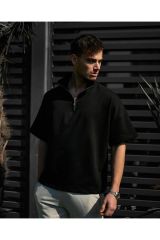 Fermuarlı Unisex Oversize Tshirt SİYAH - M