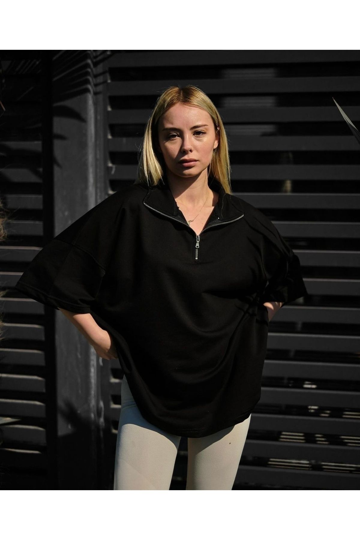 Fermuarlı Unisex Oversize Tshirt SİYAH - M