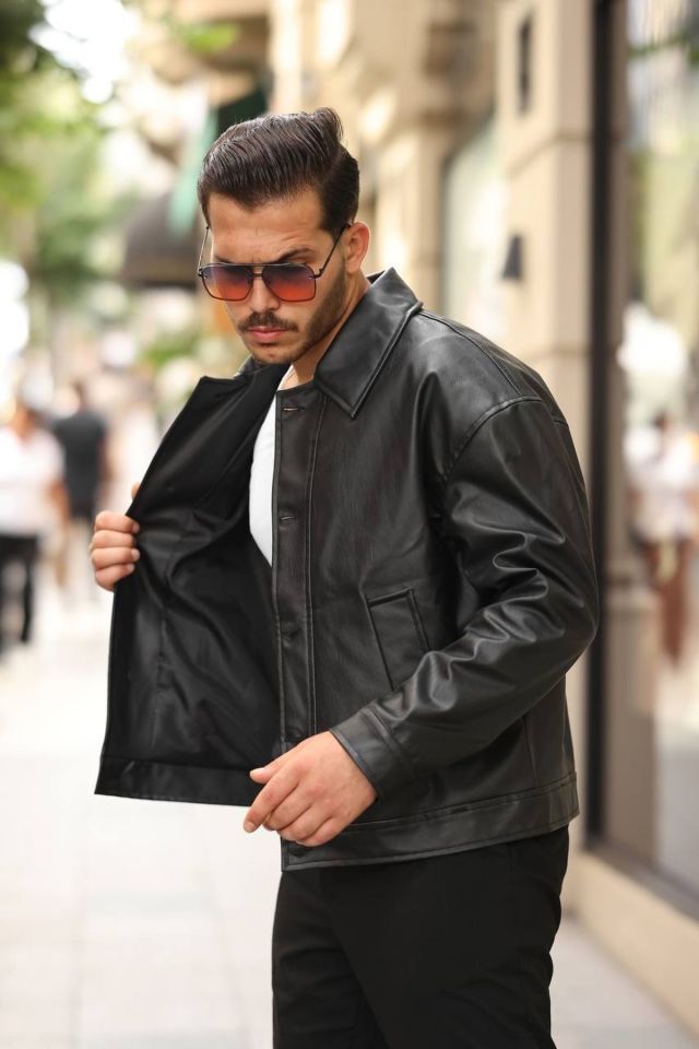 Erkek Oversize Düğme Detay Deri Ceket
