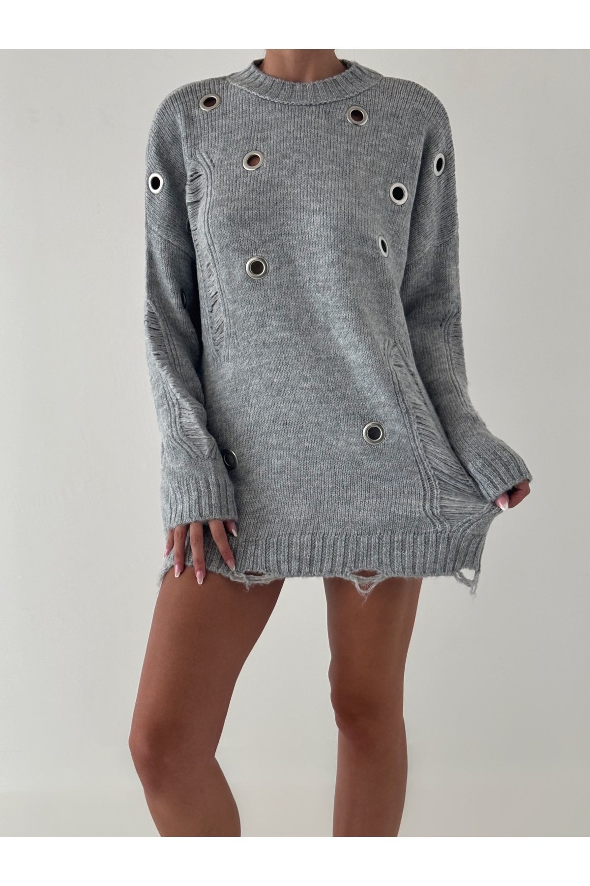 Oversize Delik Detay Tunik Kazak GRİ - Standart