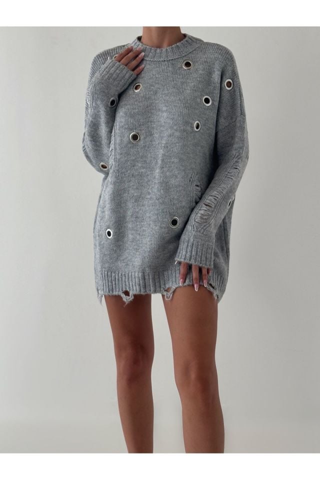 Oversize Delik Detay Tunik Kazak GRİ - Standart