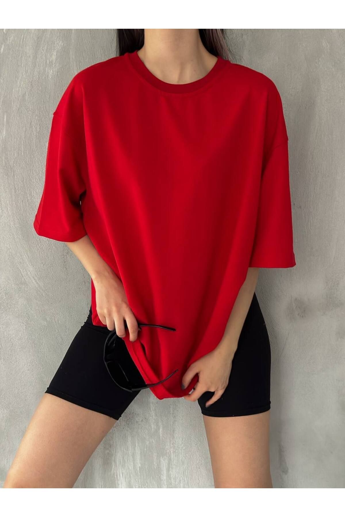 Pamuklu Unisex Oversize Basic T-shirt KIRMIZI - M