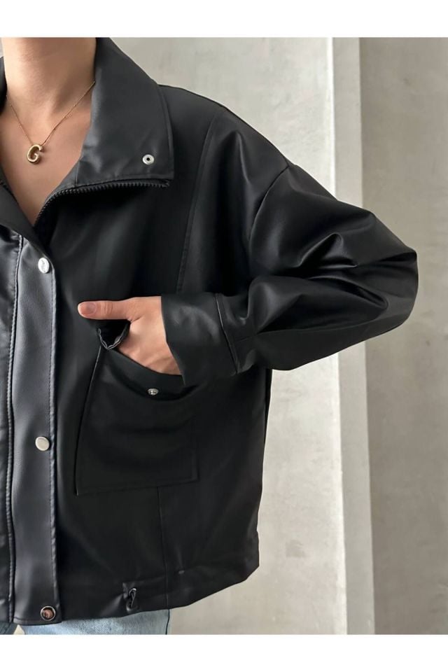 Oversize Suni Deri Kadın Fermuarlı Ceket