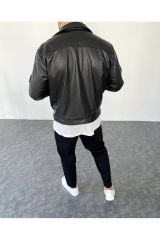 Mevsimlik Oversize Crop Deri Ceket SİYAH - XL