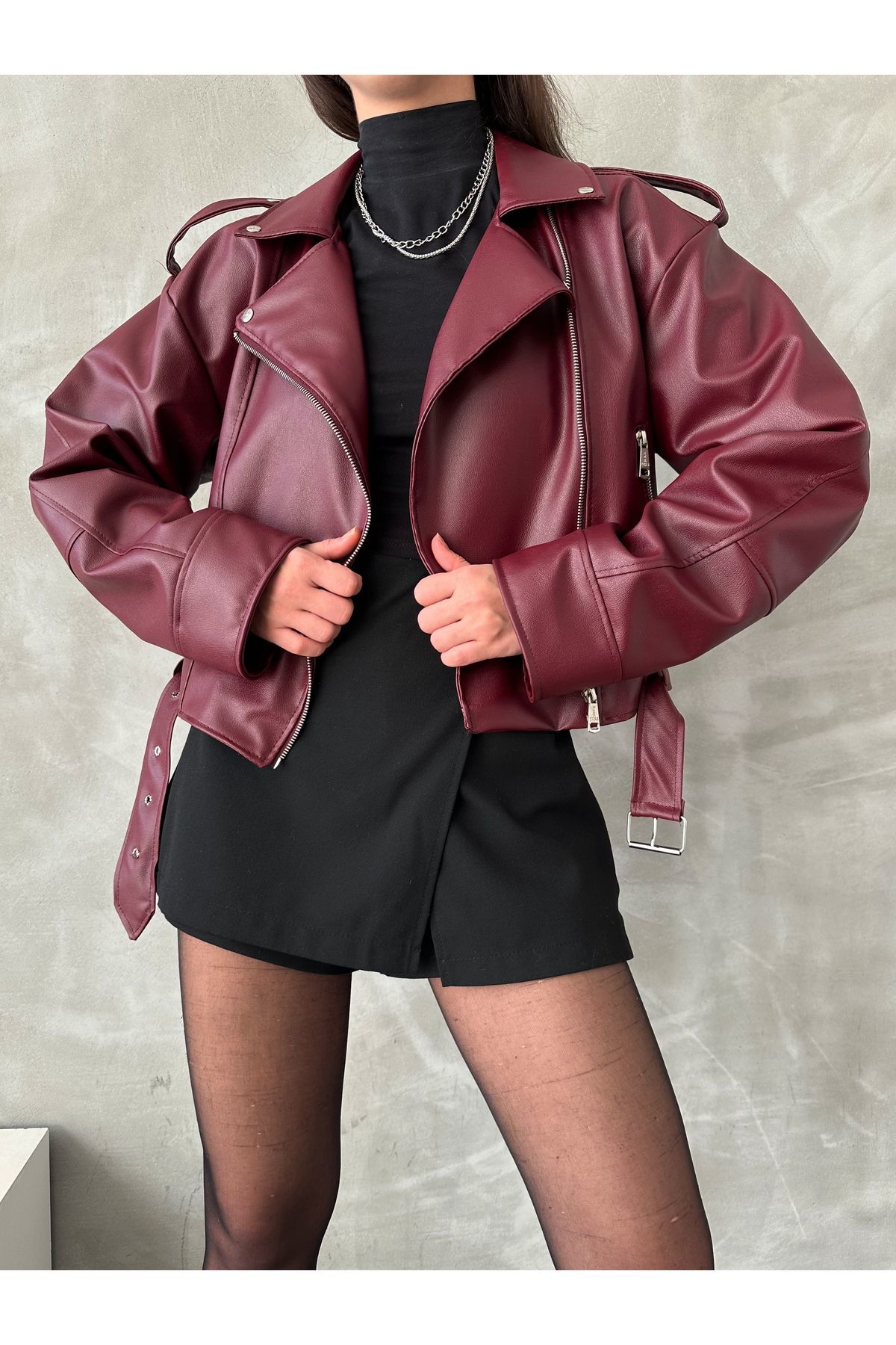 Oversize Kemerli Kadın Tarz Ceket BORDO - L