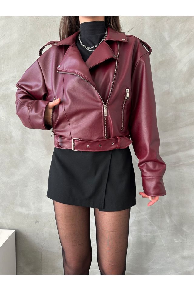 Oversize Kemerli Kadın Tarz Ceket BORDO - L