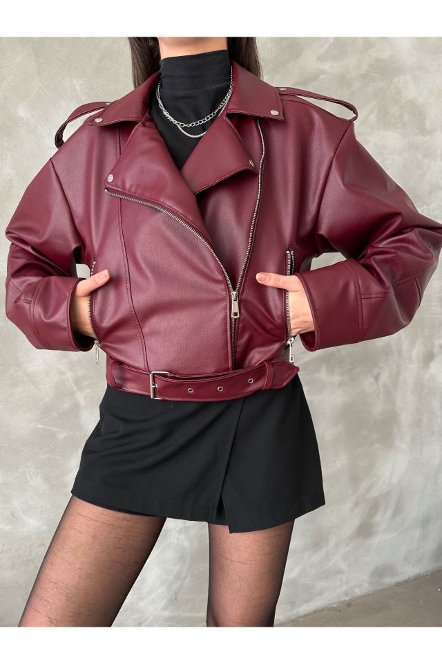 Oversize Kemerli Kadın Tarz Ceket BORDO - L