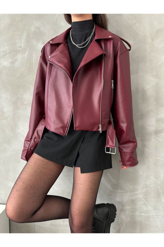 Oversize Kemerli Kadın Tarz Ceket BORDO - L