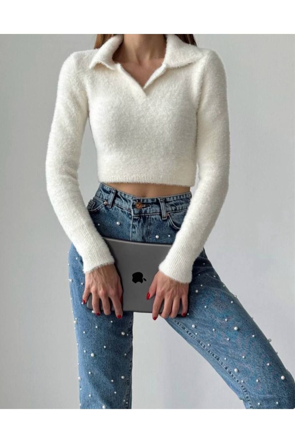 V Yaka Esnek Crop Kadın Yumoş Kazak EKRU