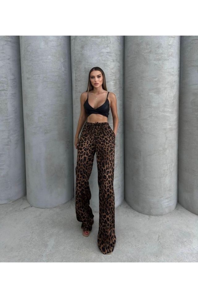 Leopar Desenli Saten Kadın Pantolon Kahve - S