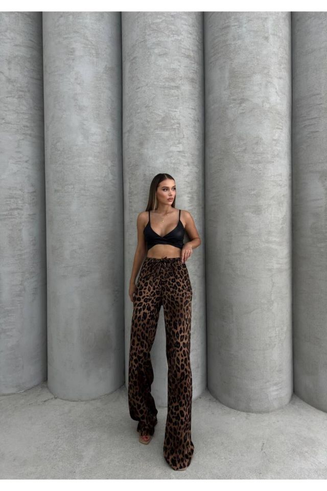 Leopar Desenli Saten Kadın Pantolon Kahve - S