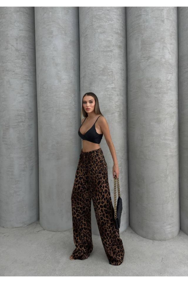 Leopar Desenli Saten Kadın Pantolon Kahve - S