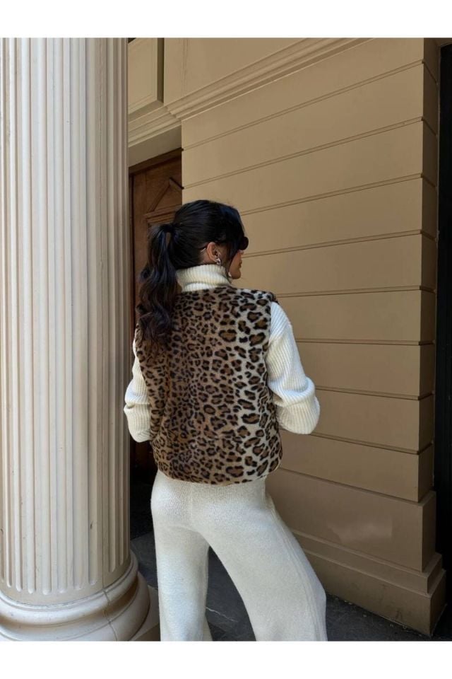 Desenli Oversize Kışlık Kadın Yelek Leopar - L