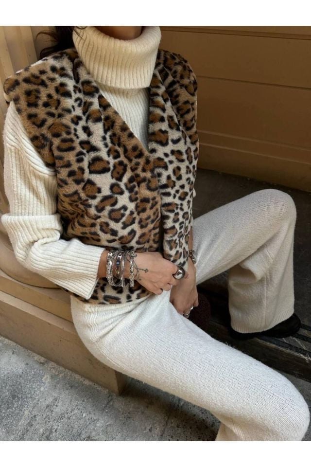Desenli Oversize Kışlık Kadın Yelek Leopar - L