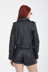 Kadın Kemerli Deri Ceket Slim Fit SİYAH - S