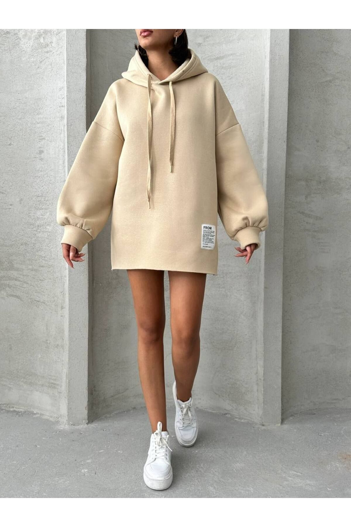 Oversize Uzun Kapüşonlu Kadın Sweatshirt KREM - S