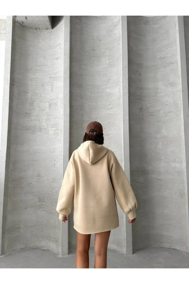 Oversize Uzun Kapüşonlu Kadın Sweatshirt KREM - S