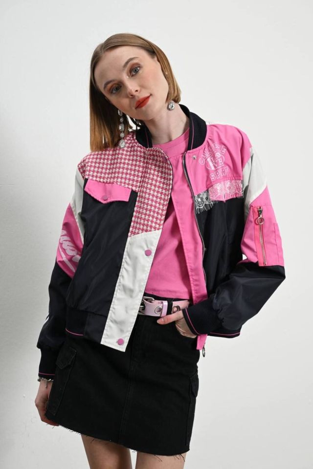 Blok Renkli Bomber Kadın Ceket SİYAH PEMBE - M