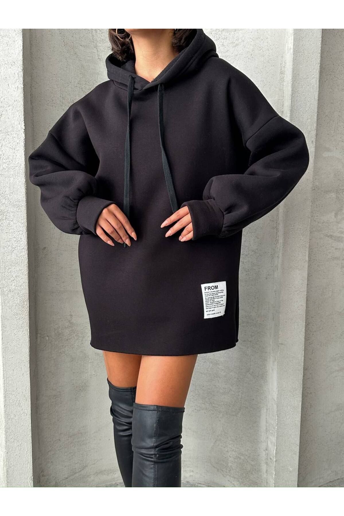 Oversize Uzun Kapüşonlu Kadın Sweatshirt SİYAH - S