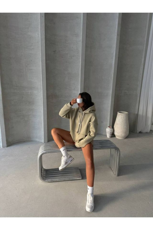 Bağcık Detay Oversize Kadın Sweatshirt Çağla - L