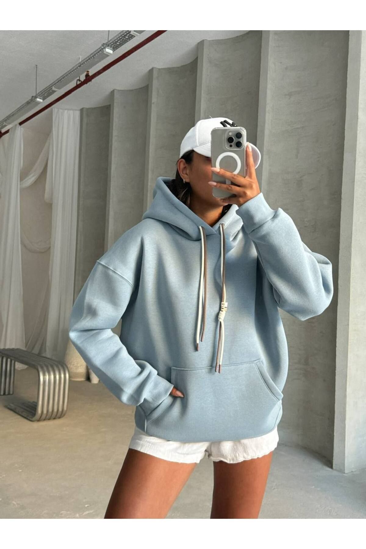 Bağcık Detay Oversize Kadın Sweatshirt AÇIK MAVİ - L