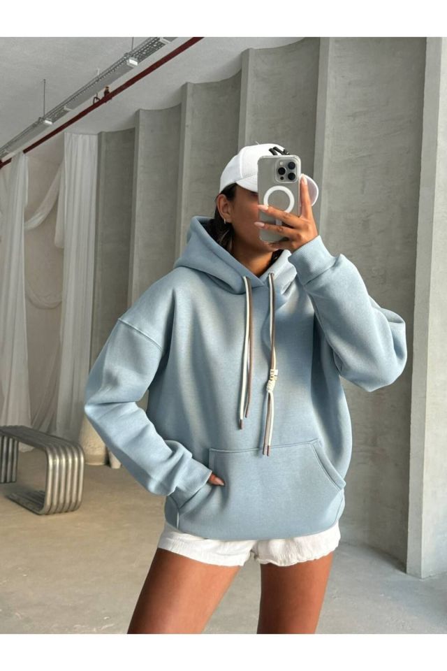 Bağcık Detay Oversize Kadın Sweatshirt AÇIK MAVİ - L