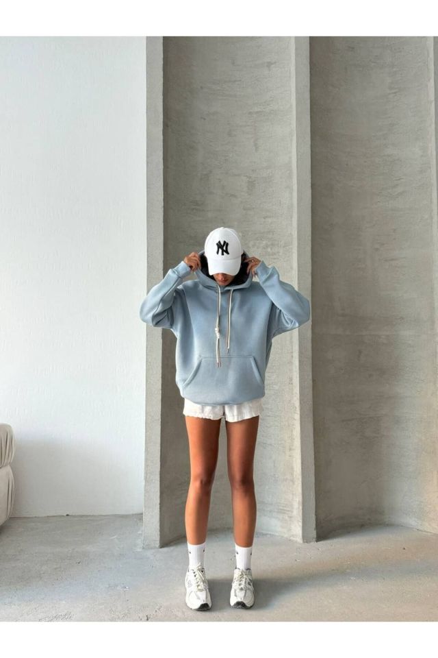 Bağcık Detay Oversize Kadın Sweatshirt AÇIK MAVİ - L