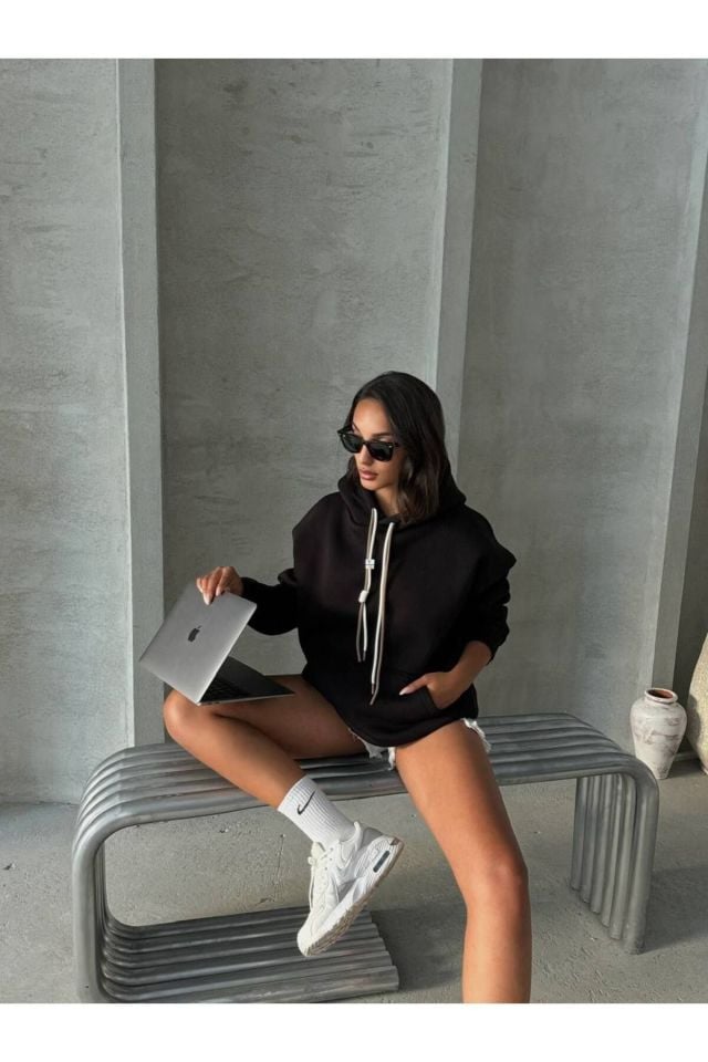 Bağcık Detay Oversize Kadın Sweatshirt SİYAH - S
