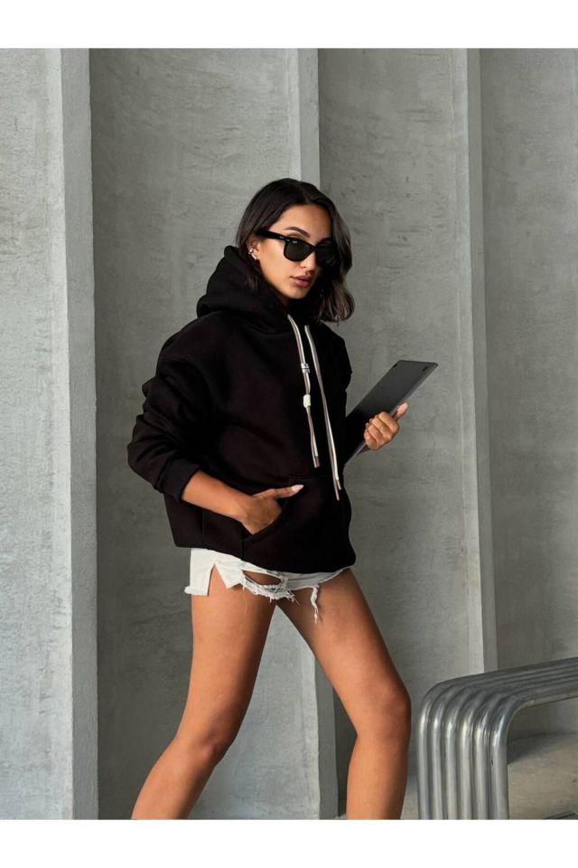 Bağcık Detay Oversize Kadın Sweatshirt SİYAH - S