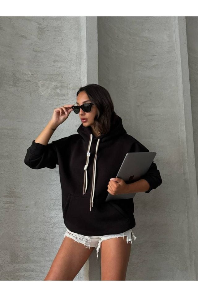 Bağcık Detay Oversize Kadın Sweatshirt SİYAH - S