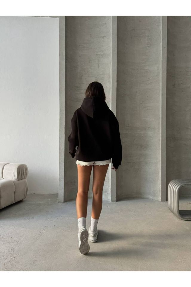 Bağcık Detay Oversize Kadın Sweatshirt SİYAH - S
