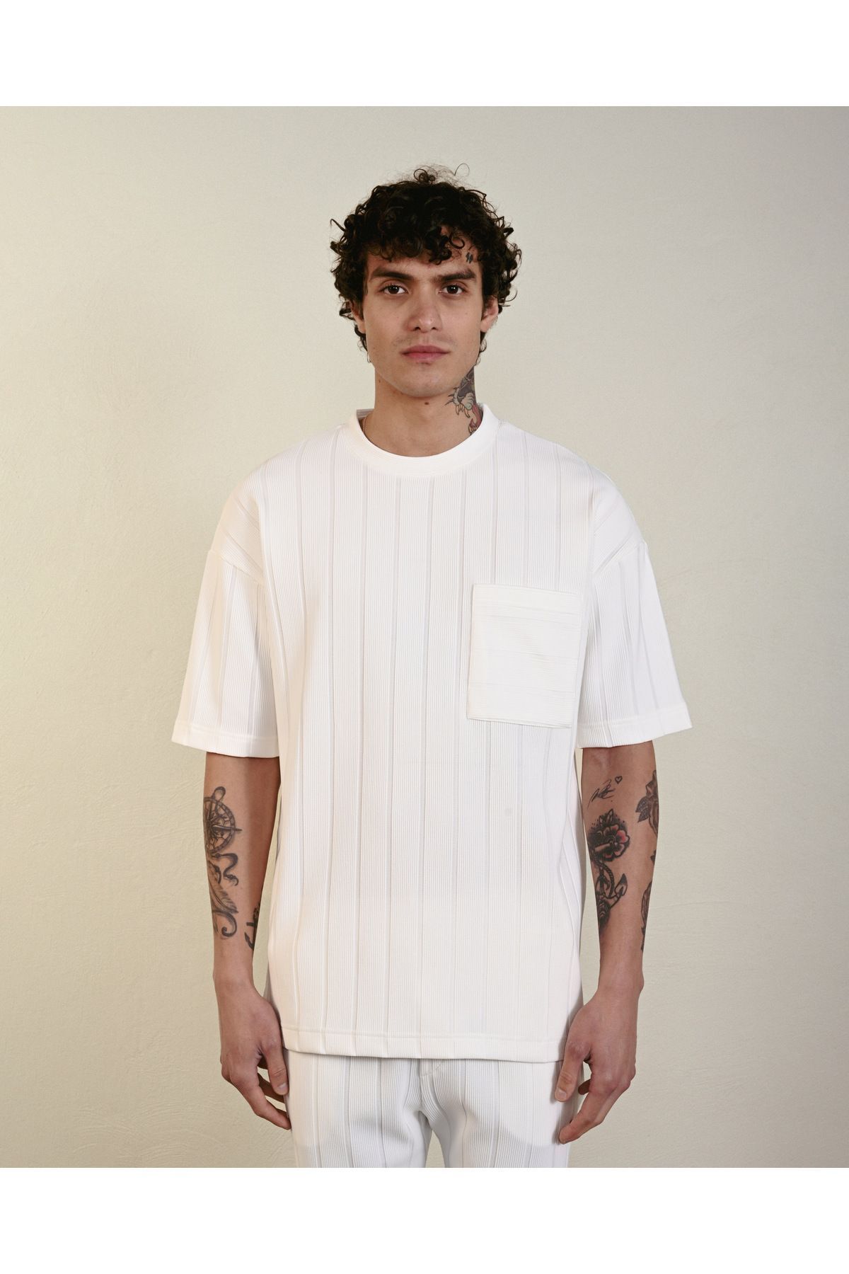 Cepli Çizgi Detay Oversize Tshirt BEYAZ - L