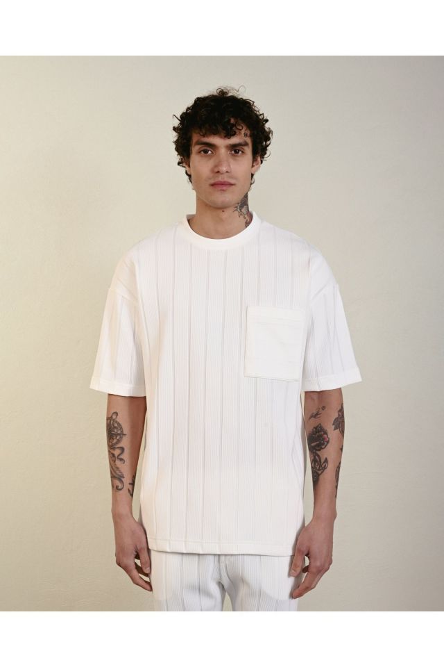 Cepli Çizgi Detay Oversize Tshirt BEYAZ - L