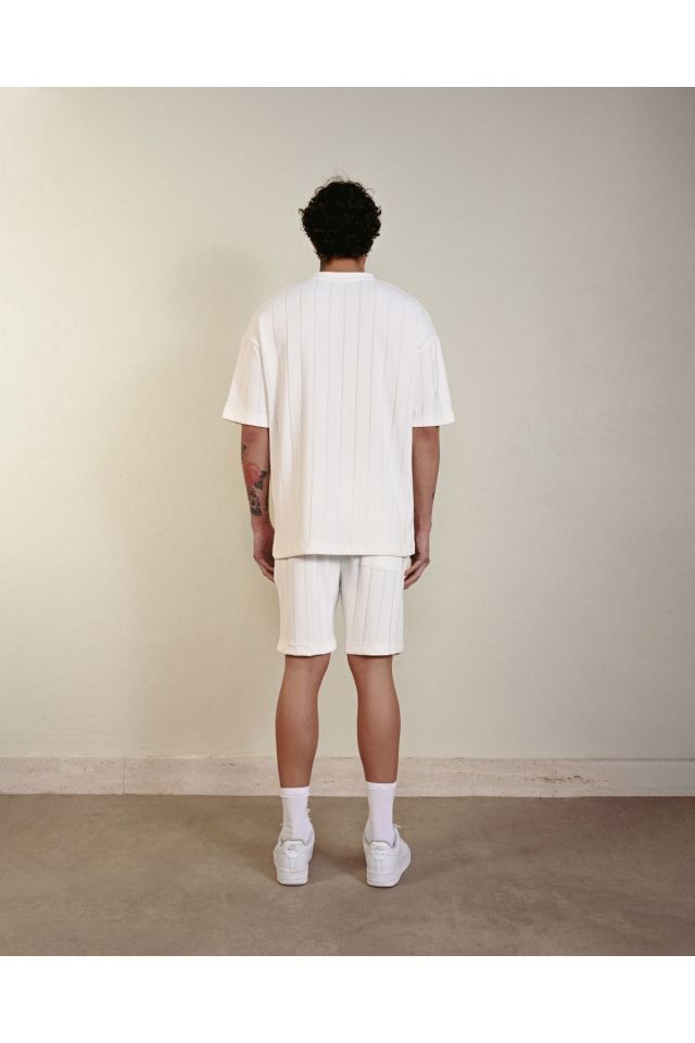 Cepli Çizgi Detay Oversize Tshirt BEYAZ - L