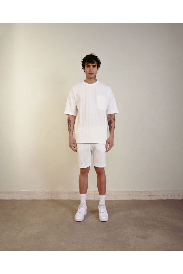 Cepli Çizgi Detay Oversize Tshirt BEYAZ - L